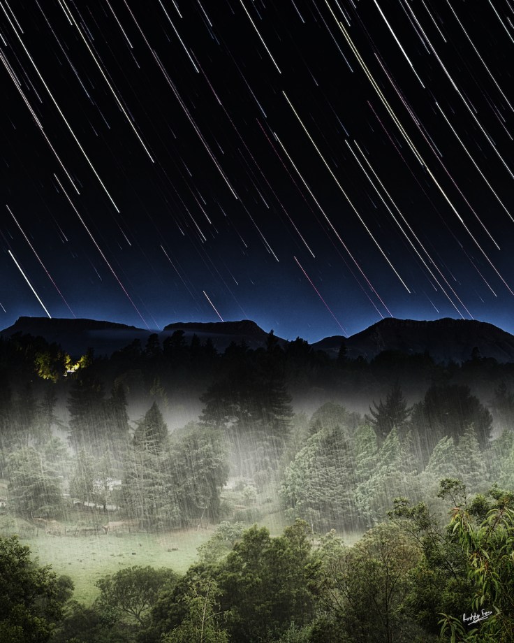 Montage juxtaposing star trails rising over the Hogs and rain falling over Winding Lane. Images taken from the same place.